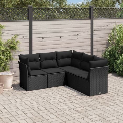 Ensemble Salon Jardin 5 Places Noir Résine Tressée avec Coussins et Rangement Modulaire (1/3)
