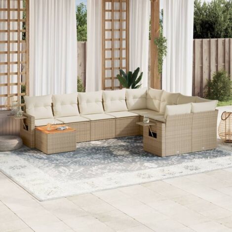 Ensemble Salon Jardin 10 Places Résine Tressée Beige avec Coussins Crème - Stockage Intégré, Table Acacia, Modulaire (1/3)