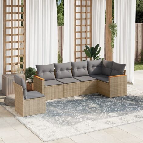 Ensemble Salon Jardin 6 Places Résine Tressée Beige avec Coussins Gris, Modulaire, Rangement Intégré, Résistant aux UV (1/3)
