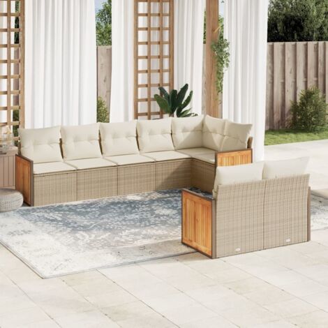 Canapé d'angle jardin 8 places en résine tressée beige avec coussins lavables - Ensemble modulaire salon extérieur (1/5)