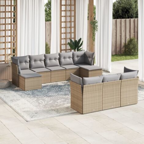Ensemble Salon Jardin 10 Places Résine Tressée Beige avec Coussins Gris Modulable Stockage Intégré (1/3)