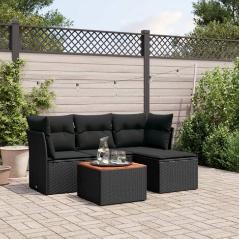Ensemble de Jardin 5 Places en Résine Tressée Noir avec Table Acacia et Coussins - Stockage Intégré (1/4)