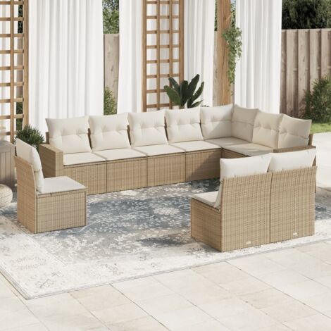 Ensemble Salon Jardin 10 Places Résine Tressée Beige avec Coussins Blanc Crème - Canapé d'Angle Modulaire (1/3)