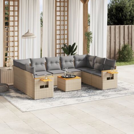 Ensemble Salon Jardin 10 Places Résine Tressée Beige avec Coussins Gris - Canapés d'Angle et Central, Table Acacia, Modulaire Extérieur (1/4)