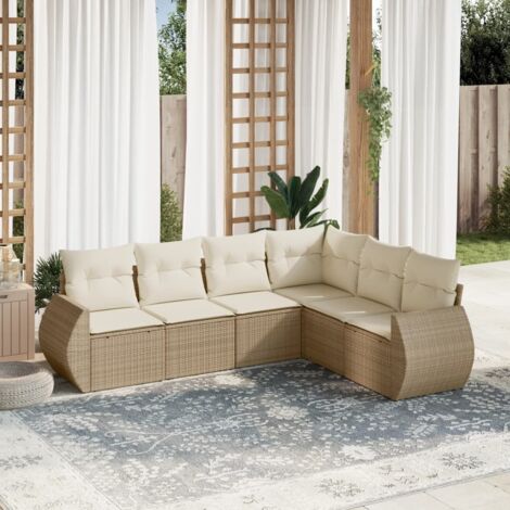 Ensemble Salon Jardin 6 Places Résine Tressée Beige avec Coussins - Canapé d'Angle, Central et Accoudoirs (1/4)