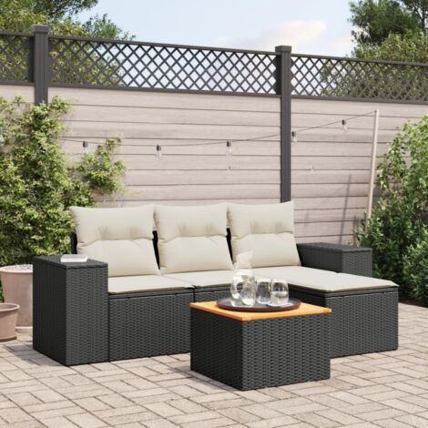 Ensemble Salon Jardin 5 Places Noir Résine Tressée avec Coussins Crème - Table Acacia - Modulaire Extérieur (1/3)