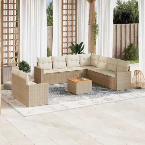 Ensemble Salon Jardin 10 Places Résine Tressée Beige avec Coussins - Table Acacia - Modulaire (1/3)