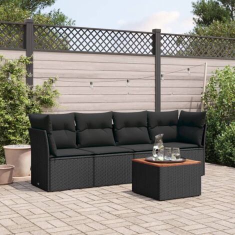 Ensemble Salon Jardin 5 Places Noir Résine Tressée avec Coussins - Table Acacia - Modulaire (1/3)