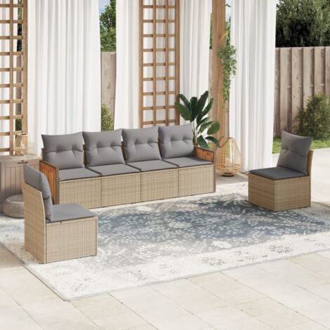 Ensemble Salon Jardin 6 Places Résine Tressée Beige avec Coussins Gris, Mobilier Extérieur Modulaire avec Rangement (1/3)