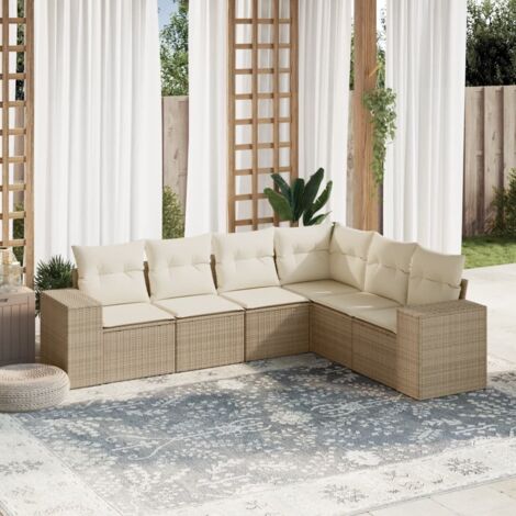 Ensemble Salon Jardin 6 Places Résine Tressée Beige avec Coussins - Meuble Extérieur Modulaire avec Rangement et Housse Lavable (1/3)