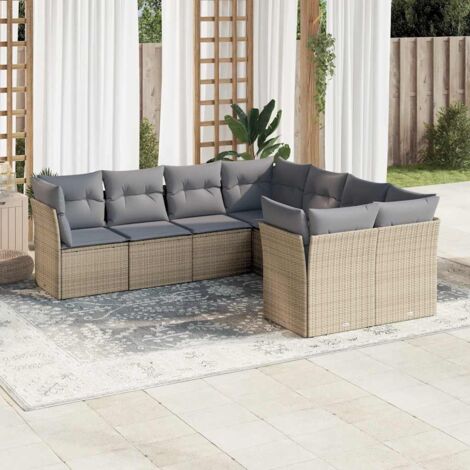 Ensemble Salon Jardin 8 Places Résine Tressée Beige avec Coussins Gris - 4 Sièges d'Angle & 4 Centraux avec Rangement (1/3)