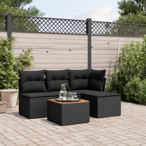 Ensemble Salon Jardin 5 Places Noir Résine Tressée avec Coussins Confort - Table Acacia Massif - Modulaire Design Extérieur (1/3)