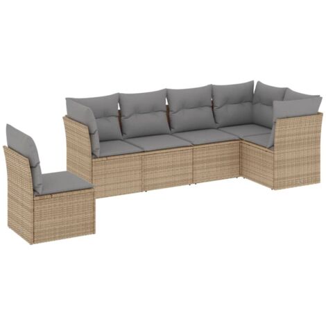 Ensemble Salon Jardin 6 Places Résine Tressée Beige avec Coussins Gris Modulable (1/4)