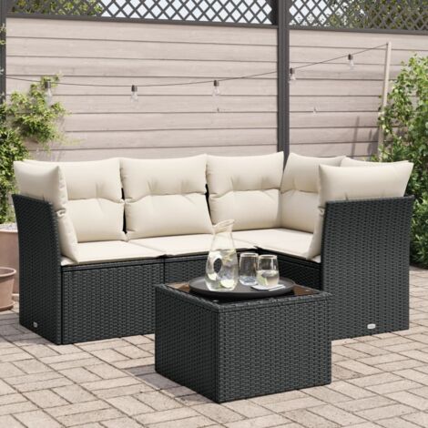 Ensemble Salon Jardin 5 Places Noir Résine Tressée avec Table Verre Trempé et Coussins Crème - Stockage Intégré (1/3)