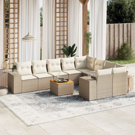 Ensemble Salon Jardin 10 Places Résine Tressée Beige avec Coussins Crème, Table Acacia, Modulaire et Rangement (1/3)