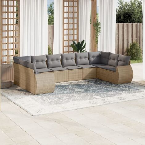 Ensemble Salon Jardin 10 Places Résine Tressée Beige avec Coussins Gris, Modulaire, Stockage Intégré (1/3)