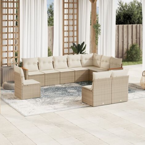 Ensemble Salon Jardin 10 Places Résine Tressée Beige avec Coussins Amovibles - Meuble Extérieur Modulaire (1/4)