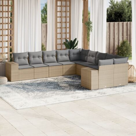 Ensemble Salon Jardin 10 Places Résine Tressée Beige avec Coussins Gris Modulable (1/4)