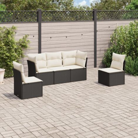 Ensemble Salon Jardin 5 Places Noir Résine Tressée avec Coussins Crème - 2 Sièges Coin + 3 Centraux (1/3)