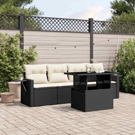 Ensemble Salon Jardin 5 Places Noir Résine Tressée avec Coussins Crème - Table Réglable Hauteur, Meuble Extérieur Modulaire Design (1/4)