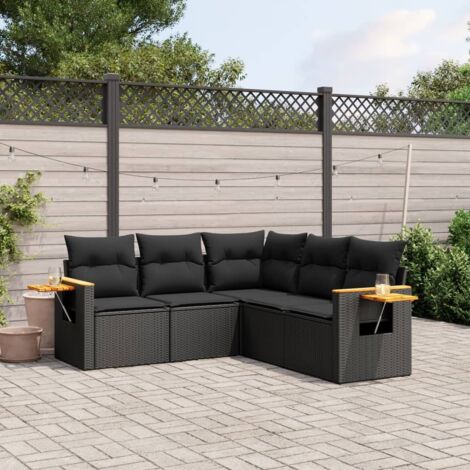Ensemble Salon Jardin 5 Places Noir Résine Tressée avec Coussins et Table d'Appoint - Stockage Intégré - Modulable (1/3)