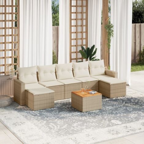 Ensemble Jardin 8 Places Résine Tressée Beige avec Coussins - Salon Extérieur Modulaire avec Table Acacia et Rangement Intégré (1/5)