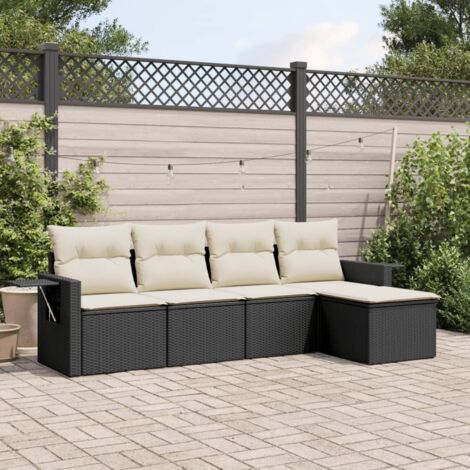Ensemble Salon Jardin 5 Places Noir Résine Tressée avec Coussins Crème - Canapé d'Extérieur Modulaire avec Tables d'Appoint (1/4)