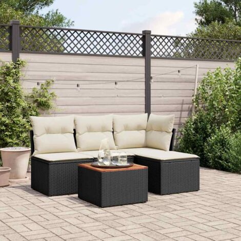 Ensemble Salon Jardin 5 Places Noir Résine Tressée avec Table Acacia et Coussins Crème - Stockage Intégré (1/4)
