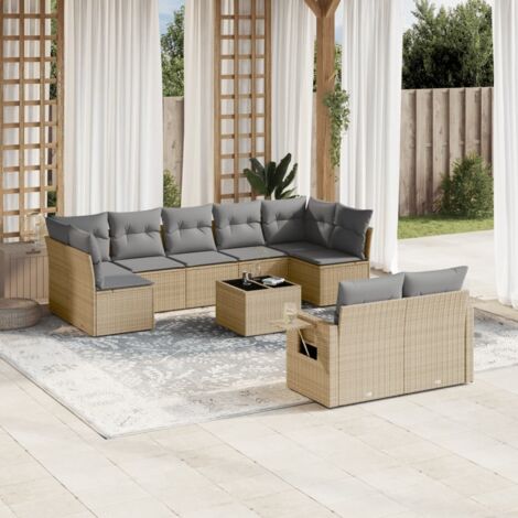 Ensemble Salon Jardin 10 Places Résine Tressée Beige avec Coussins Gris - Table Verre Trempé - Mobilier Extérieur Modulaire (1/4)
