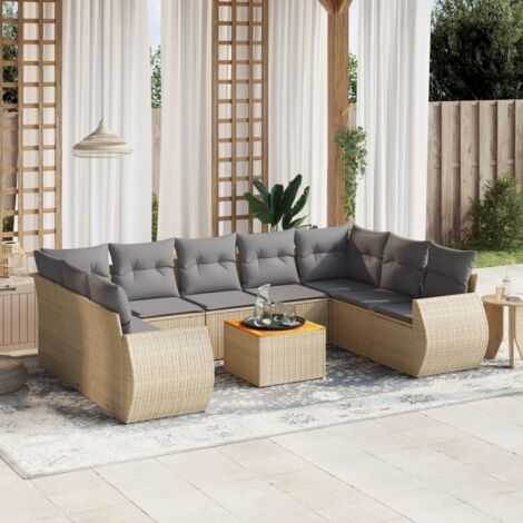 Ensemble Salon Jardin 10 Places Résine Tressée Beige avec Coussins Gris, Table Acacia, Modulaire et Rangement (1/3)