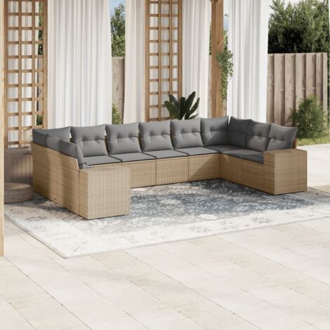 Ensemble Salon Jardin 10 Places Résine Tressée Beige avec Coussins Gris Modulable (1/4)