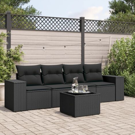 Ensemble de jardin 5 places noir résine tressée avec table verre trempé et rangement intégré (1/3)