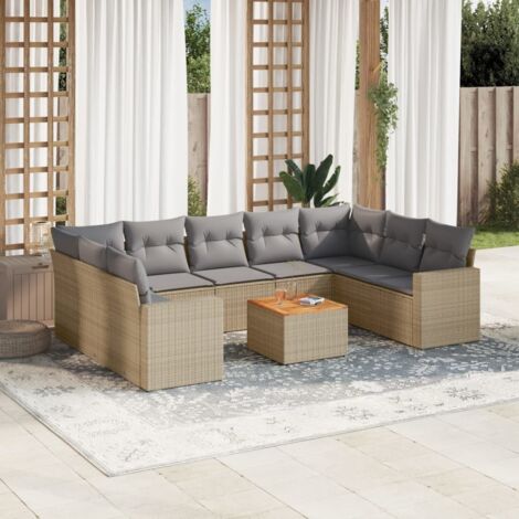 Ensemble Salon Jardin 10 Places Résine Tressée Beige avec Coussins Gris - Table Acacia Modulaire (1/3)