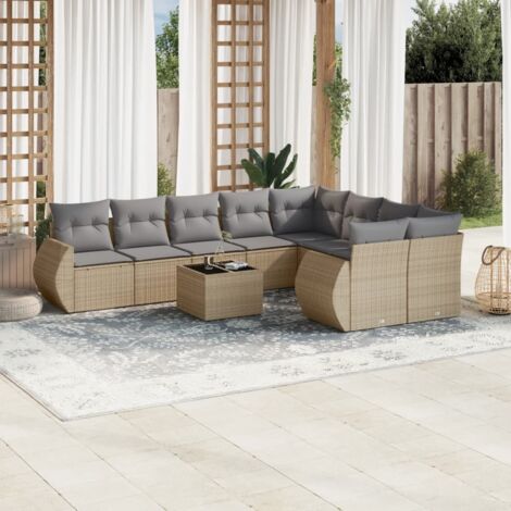 Ensemble Salon Jardin 10 Places Résine Tressée Beige avec Coussins Gris Modulaire Table Verre Trempé (1/4)