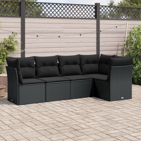 Ensemble Salon Jardin 5 Places Résine Tressée Noir avec Coussins - Sièges Modulaires avec Rangement (1/3)