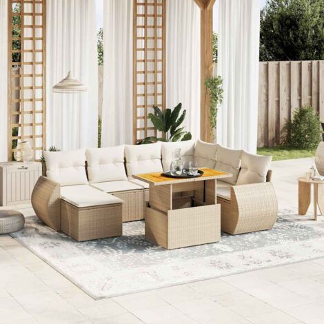 Salon de Jardin 8 Places en Résine Tressée Beige avec Coussins - Table Réglable et Mobilier Modulaire pour Terrasse (1/3)
