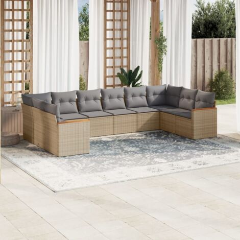 Ensemble Salon Jardin 10 Places Résine Tressée Beige avec Coussins Gris Modulable Rangement Intégré (1/3)