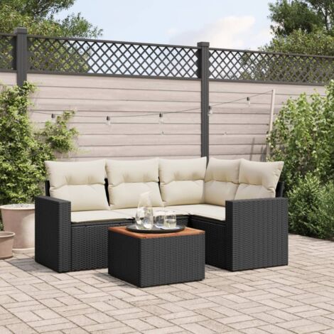 Ensemble Salon Jardin 5 Places Noir Résine Tressée avec Coussins Crème - Table Acacia - Modulaire (1/3)