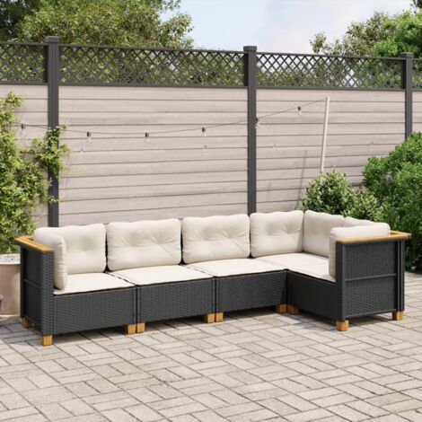 Ensemble Salon Jardin 5 Places Noir Résine Tressée avec Coussins Crème - Canapé d'Angle Modulaire (1/4)