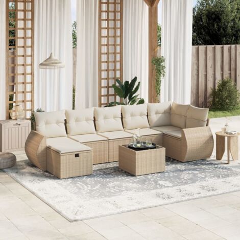 Salon de Jardin 8 Places en Résine Tressée Beige avec Table Verre Trempé et Coussins Lavables (1/4)