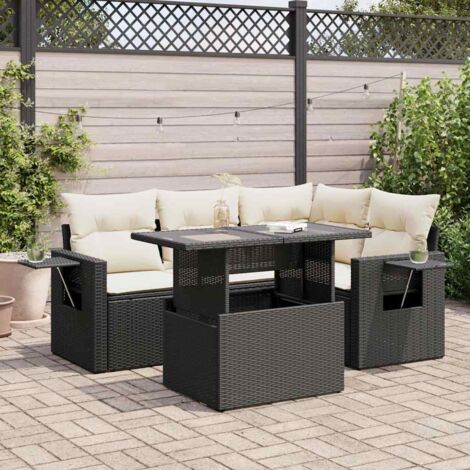 Ensemble Salon Jardin 5 Places Noir Résine Tressée avec Coussins Crème, Table Réglable et Rangement Intégré (1/4)
