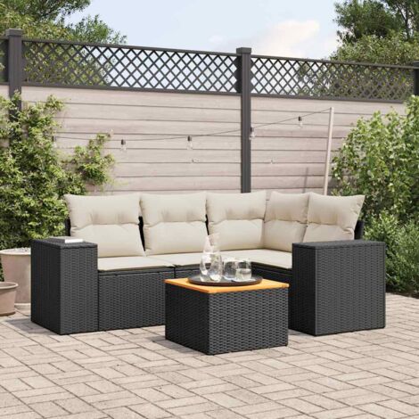 Ensemble Salon Jardin 5 Places Noir Résine Tressée avec Coussins Crème - Table Acacia, Modules Modulables et Rangement Intégré (1/3)