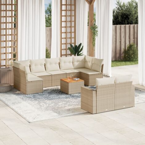 Ensemble Salon Jardin 10 Places Résine Tressée Beige avec Coussins Crème - Stockage Intégré, Table Acacia, Modulaire (1/4)