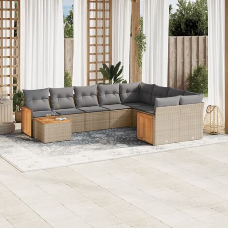 Ensemble Salon Jardin 10 Places Résine Tressée Beige avec Coussins Gris - Meuble Extérieur Modulaire avec Rangement et Table Acacia (1/3)