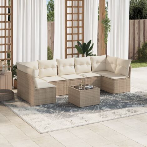 Salon de Jardin 8 Places en Résine Tressée Beige avec Table Verre Trempé et Coussins Lavables - Stockage Intégré (1/3)