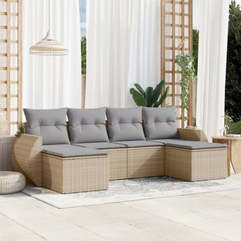 Canapé Jardin 6 Places Résine Tressée Beige avec Coussins Gris - Ensemble Salon Extérieur Modulaire (1/4)