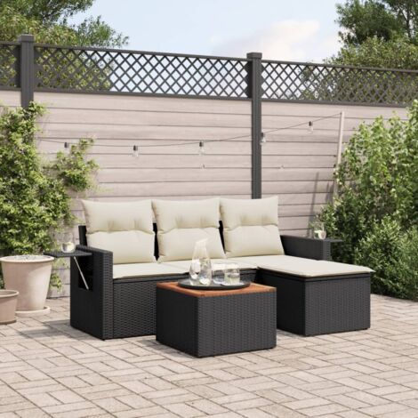 Ensemble Jardin 5 Places Noir Résine Tressée avec Coussins Crème - Salon Extérieur Modulaire Acacia (1/4)