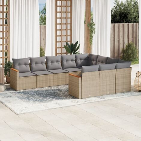 Ensemble Salon Jardin 10 Places Résine Tressée Beige avec Coussins Gris Modulaire Rangement (1/3)