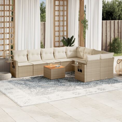 Ensemble Salon Jardin 10 Places Résine Tressée Beige avec Coussins Crème - Meuble Extérieur Modulaire avec Rangement et Table Acacia (1/3)