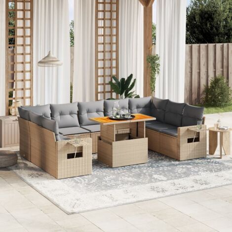 Ensemble Salon Jardin 10 Places Résine Tressée Beige avec Coussins Gris, Table Acacia Réglable, Modulaire (1/3)